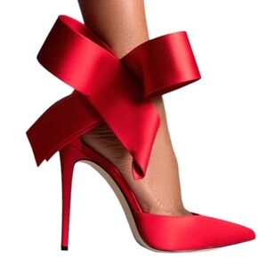 Red Satin Bow Stiletto Heels - Women's Pointed Toe Pumps